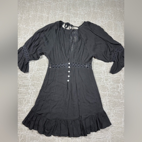 Free People Black Bell Sleeve Boho Open Back Button Down Lagnelook Dress Sz XS - Picture 2 of 6